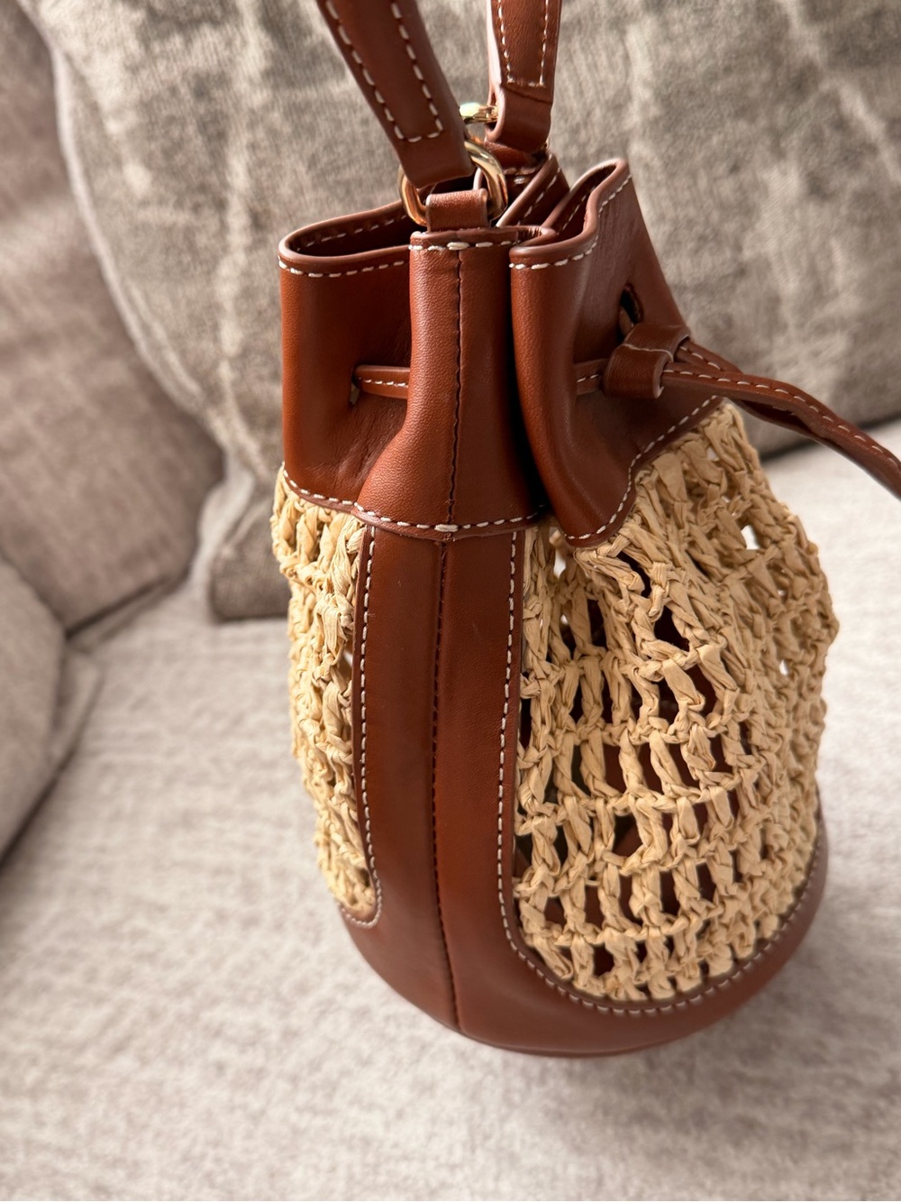 J. Crew Drawstring Brown English Saddle Leather & Straw Mini Bucket Bag #OA3 - Picture 8 of 16